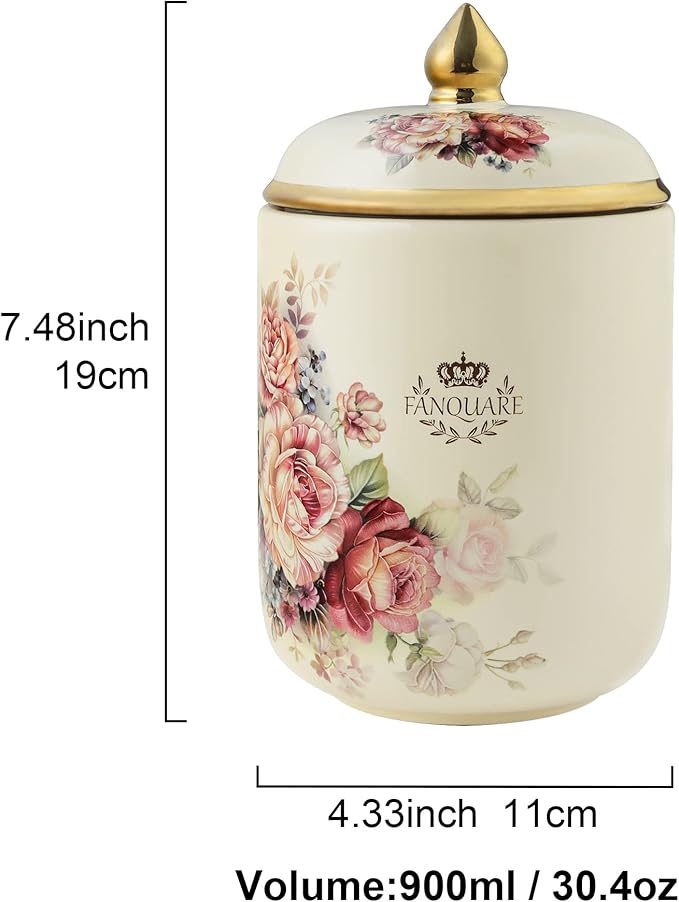 fanquare Porcelain Tea Canister, Normal Size Ceramic Jar, Vintage Gold Floral Countertop Container for Sugar, Tea, Coffee