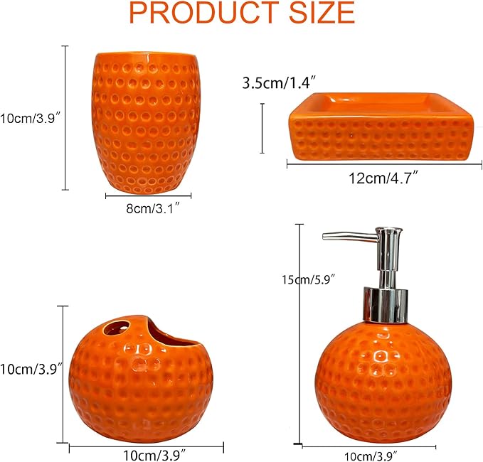 Bathroom Accessory Set Orange,4 Pieces Ceramic Bathroom Decor Accessories Complete Set,Includes Bathroom Soap Dispenser Set,Toothbrush Holder Set,Tumbler,Soap Dish
