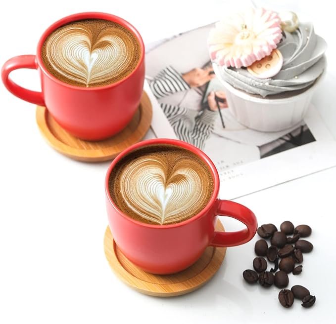 HASENSE Espresso Cups and Saucers Set of 6, 3.5 OZ Demitasse Cups with Handle for Drinks, Latte, Cappuccino, Cafe Mocha and Tea, Porcelain Coffee Cups for Coffee Bar Home and Party, Red