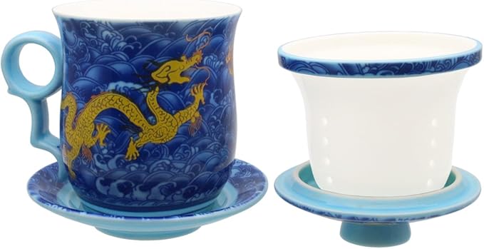 Porcelain Tea Cup with Infuser Lid and Saucer Sets - Chinese Jingdezhen Ceramics Coffee Mug Teacup Loose Leaf Tea Brewing System for Home Office