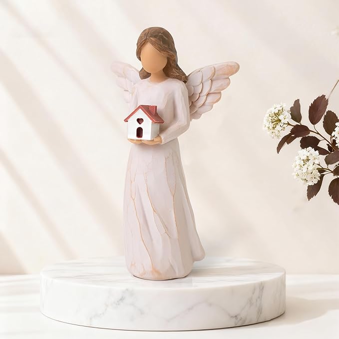 thovorrnl Housewarming Gifts New Home, House Warming Gifts for Women, Men, Couple, First Time Home Buyers, Homeowners, Guardian Angel with House Figurines, Sculpted Hand-Painted Statue