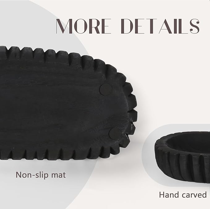Oakrain Wooden Decorative Bowl for Home Decor, 16" Rustic Dough Bowl with Hand Carved Vertical Stripes, Long Wood Tray for Table Centerpieces, Matte Black