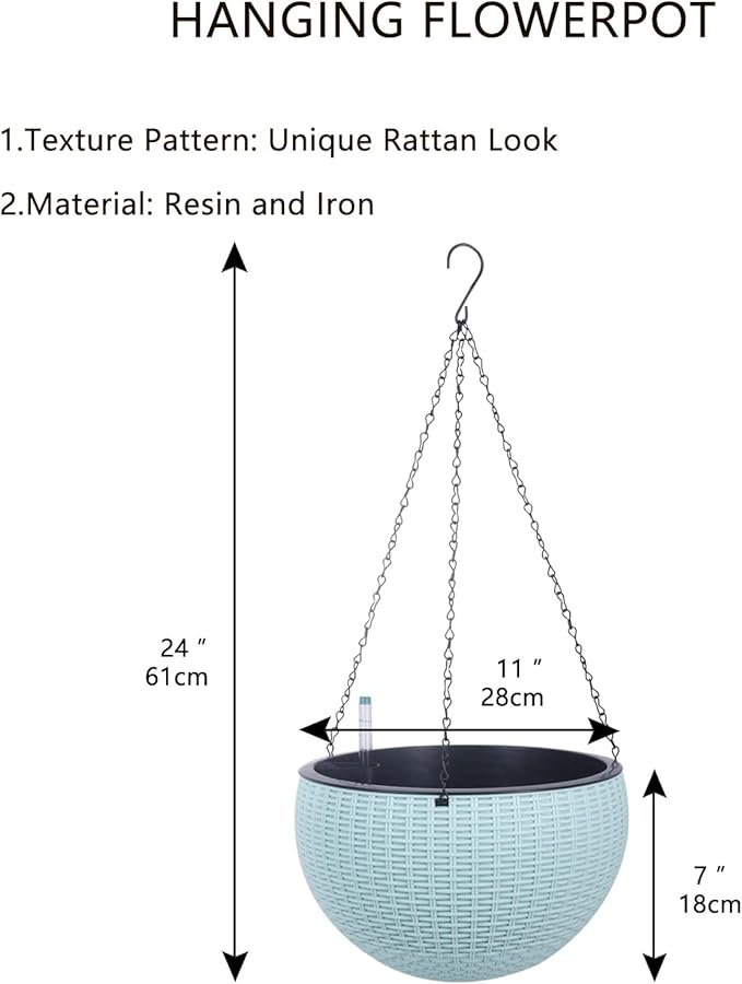 Vencer 11 Inch Round Resin Rattan Hanging Planters,Self Watering Hanging Basket for Indoor Outdoor Plants,Hanging Flower Pots with Drain Hole and Metal Chain,Water Indicator,Light Blue,VF-A15-B