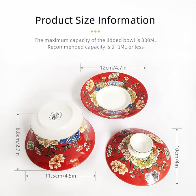 Porcelain Chinese Tea Cup,Asian Ceramic Tea Cups with Lid and Saucer,Chinese Kungfu Teamug Set Handleless Traditional Gaiwan (10oz Red)