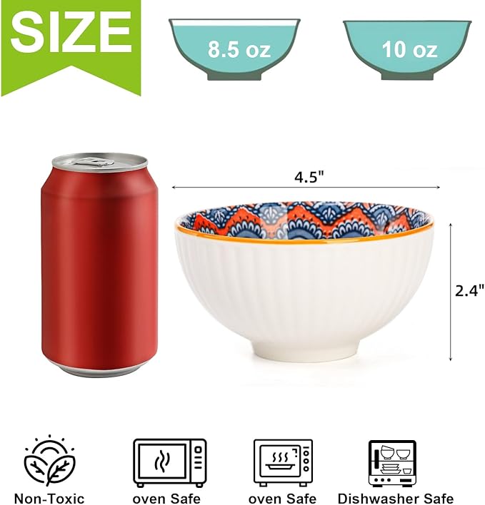 12 Pack Small Ceramic Bowls Set, 10Oz Colorful Dessert Bowl, 4.5Inch Ice Cream Bowls, Porcelain Boho Decorative Bowl for Snack Soup Condiments, Side Dishes, Kitchen, Microwave Safe (4 Styles)