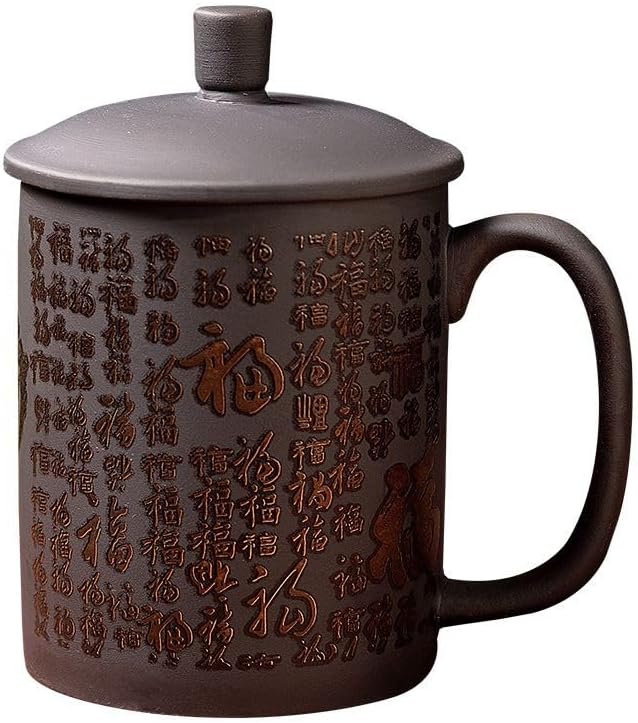 Ceramic Teacup, Chinese Hand Painted Purple Clay Tea Mug with Lid and Infuser, (13oz) Zisha Water Mug Drinkware for Office Home (Color change Bless)