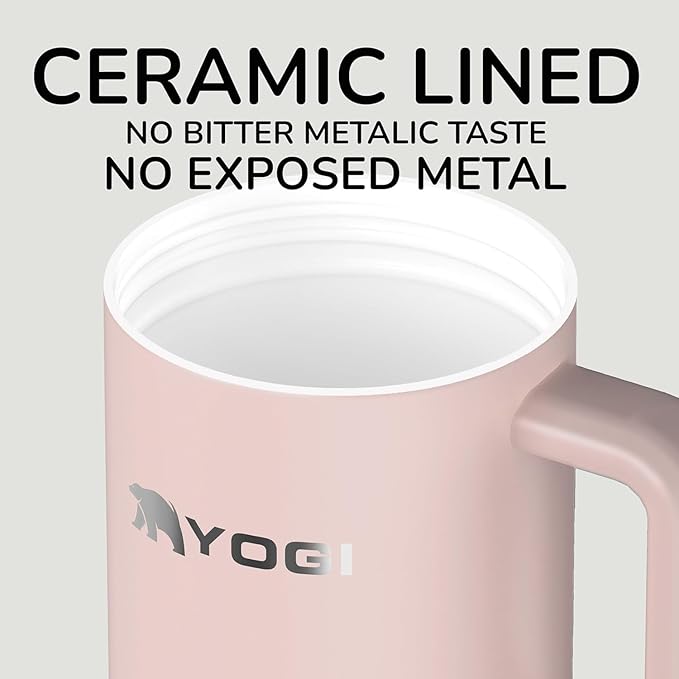 YOGI Ceramic Lined Metal Allergy Safe 24oz Tumbler Handle Comes with Straw Leakproof Flip & Sip Lid Vacuum Insulated Stainless Steel Travel Cup for Iced Coffee and Water Hydration 24oz Peonypink