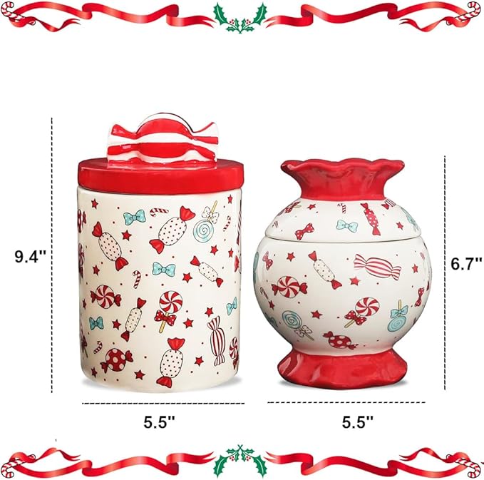 Christmas Cookie Jar with Lid, 9.4" Ceramic Candy Jar Canister, Ceramic Storage Jar Container, Decorative Xmas Cookie Container for Holiday Kitchen Counter Displays, Treats, and Gifts (Large)