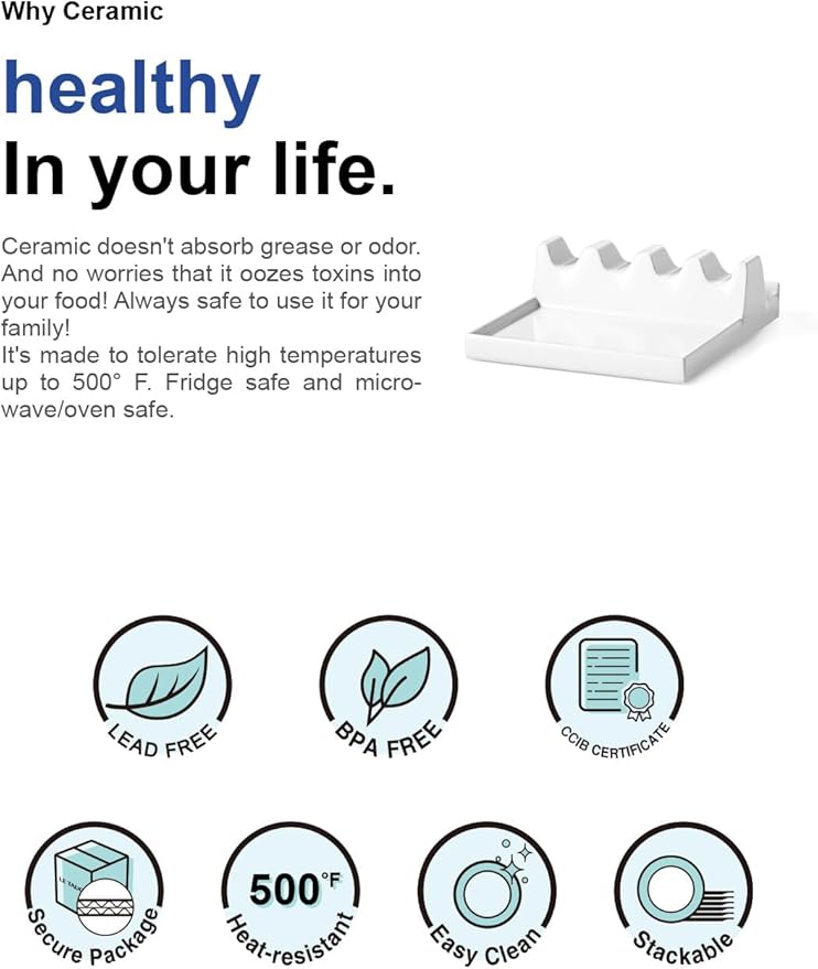 LE TAUCI Ceramic Spoon Rest for Stove Top, Spoon and Lid Rest for Kitchen Counter, Spoon Holder with Drip Pad for Multiple Utensils, Heat-Resistant, Housewarming Present - 6.2 inch, Set of 1, White