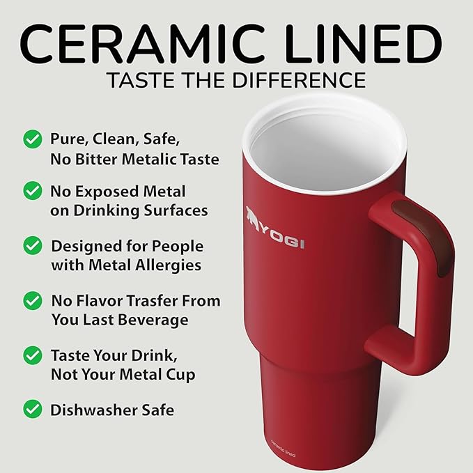 YOGI Ceramic Lined Metal Allergy Safe 40oz Tumbler with Handle and Straw Leakproof Flip & Sip Lid Vacuum Insulated Stainless Steel Travel Cup for Iced Coffee Water and All-Day Hydration 40oz Crimson