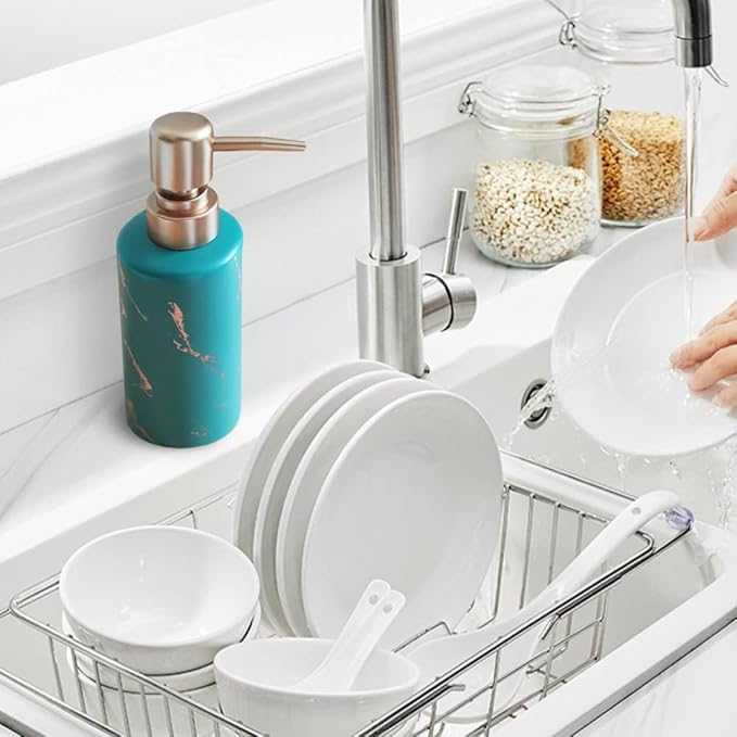 Gold Soap Dispenser for Bathroom or Kitchen, Skinny Ceramic Lotion Bottle with Marble Pattern, Rust-Free Pump(Dark Green)