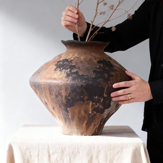 Dark Brown Terracotta Ceramic Vase, 11.5" Large Rustic Farmhouse Pottery Vase with Wide Mouth, Watertight Wabi Sabi Flower Vase for Pampas Grass and Table Centerpieces Decor