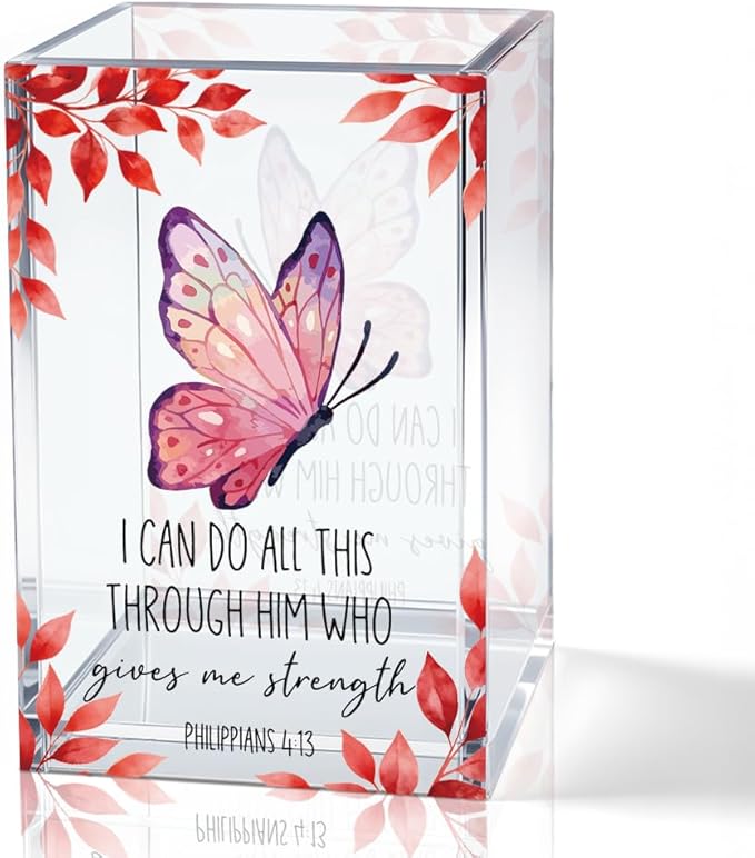 I Can Do All This Through Him Who Gives Me Acrylic Cosmetic Pencil Holder Cup, Butterfly Religious Christian Gifts for Women Girls, Inspirational Bible Verse Pen Holder for Home Office Desk