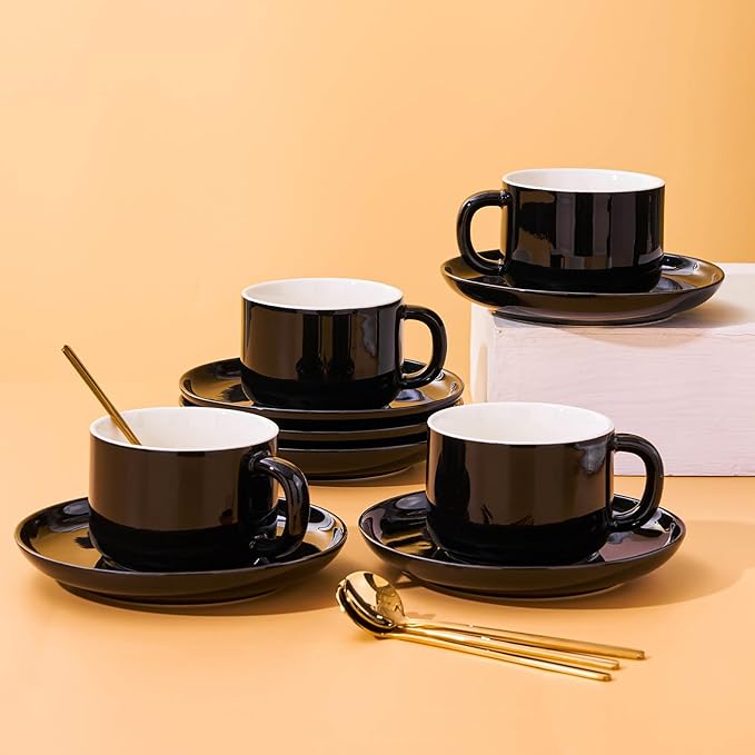 8oz Cappuccino Cups Set of 4, Ceramic Coffee Cups and Saucers Set with Spoons, Black Durable Coffee Cups for Cappuccino Espresso Latte Mocha Au Lait Macchiato Cafe