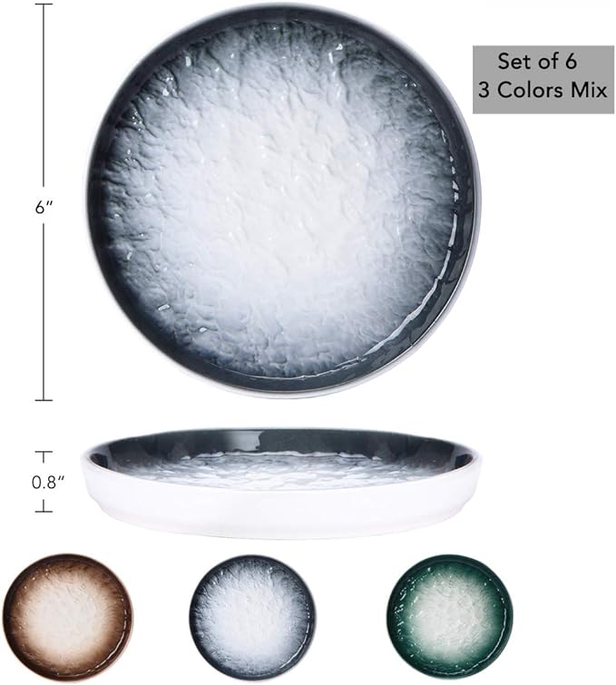 Eglaf 6'' Ceramic Small Appetizer Plates - Porcelain Gradient Water Wave Embossed Texture - Dessert Plates for Tea Party, Cake, Ice cream, Waffles, Apple Pie, Snacks (Set of 6-3 Colors Mix)