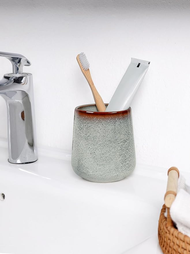 INGOFIN Ceramic Toothbrush Holder, 12 oz Toothpaste Holder Bathroom Cup, Tooth Brush Holder for Vanity Countertop, Organizer Storage for Cosmetic, Makeup, Office Pencils, Kiln-Glazed Grey White