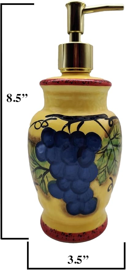 ACK Ceramic Tuscany Sonoma Grape Hand Painted Collection Refillable Soap Dispenser 8'H, Lotion Jar, Kitchen Décor, Bathroom Décor