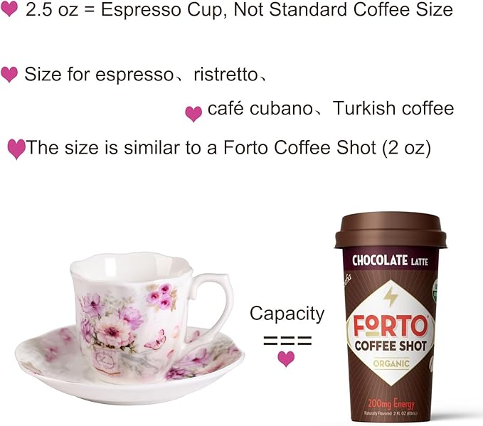GuangYang 2.5 oz Porcelain Espresso Cups and Saucers Set – Floral Design, Purple Pattern – Gift-Ready, Elegant Mini Coffee Set of 6 for Home or Gifting