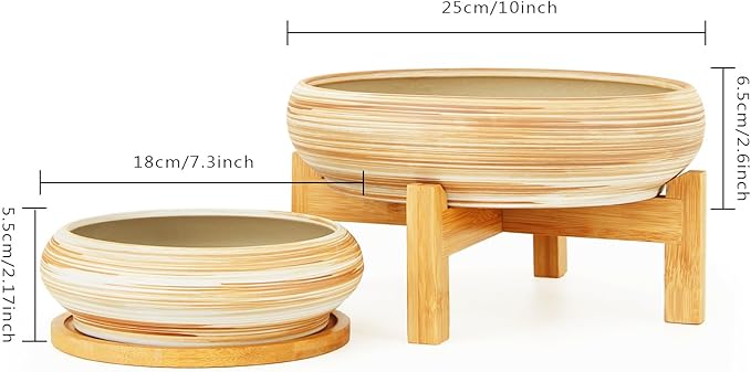 Succulent Pots - 7.3/10 Inch Large Plant Pot Ceramic Bonsai Planter with Drainage Tray, Shallow Planters for Succulents Cactus Flower Small Plants Birthday Gifts for Women
