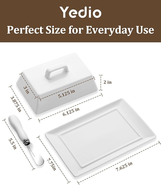 Yedio Large Butter Dish with Lid for Countertop, Porcelain Butter Keeper with Cover and Knife, Butter Holder Tray for 2 Sticks East Coast/West Coast/European Style Butter