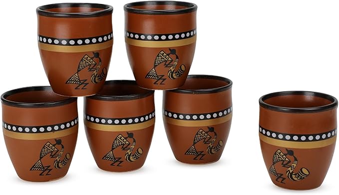 Handmade Cantaritos de Barro Ceramic Tea Cups Set – 6 Desi Kulhad Chai/Coffee (5 oz Capacity), Lead-Free, Dishwasher & Microwave Safe, Glazed, finish Clay Tea/kulhar/kullar - Brown Color