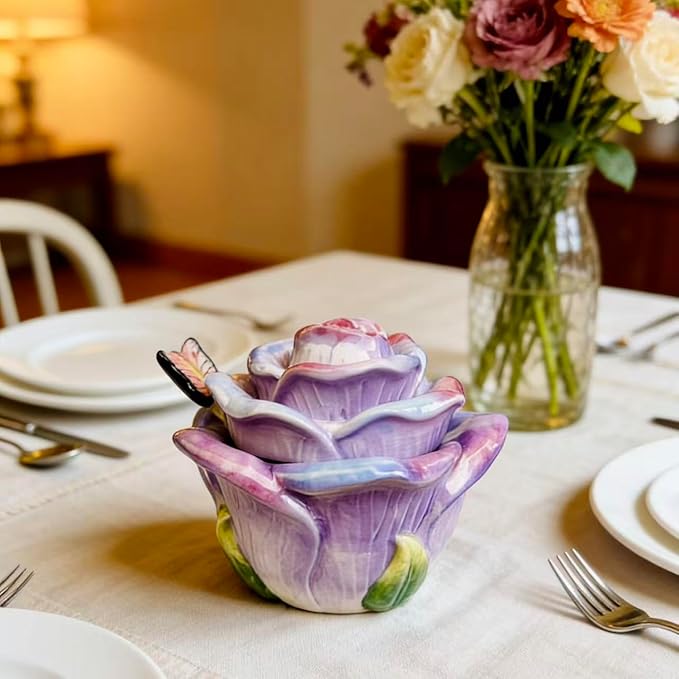 Ceramic Rose Spice Jars - 3D Hand-Sculpted & Hand-Painted Condiment Pots for Salt, Sugar, Pepper (Pinkish Purple)
