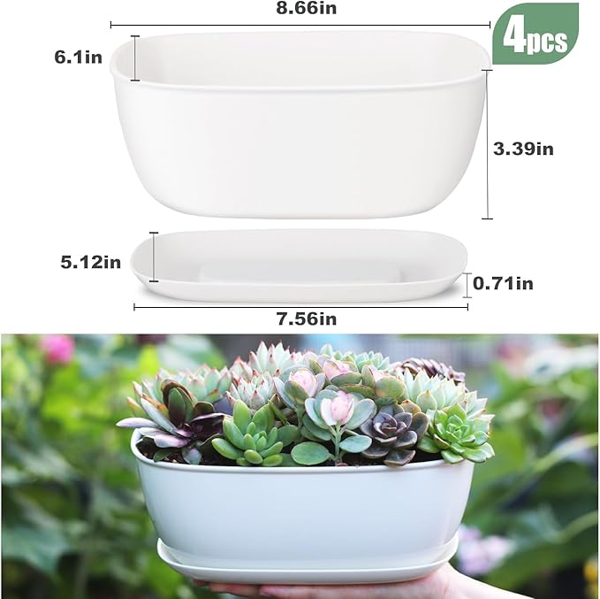 Set of 8 White Oval Shallow Herb Garden Planters with Drainage Holes and Trays (8.66 Inch) Plant Pots for Herbs Basil Orchids Succulents, Modern Herb Garden Planter for Indoor/Outdoor Plants