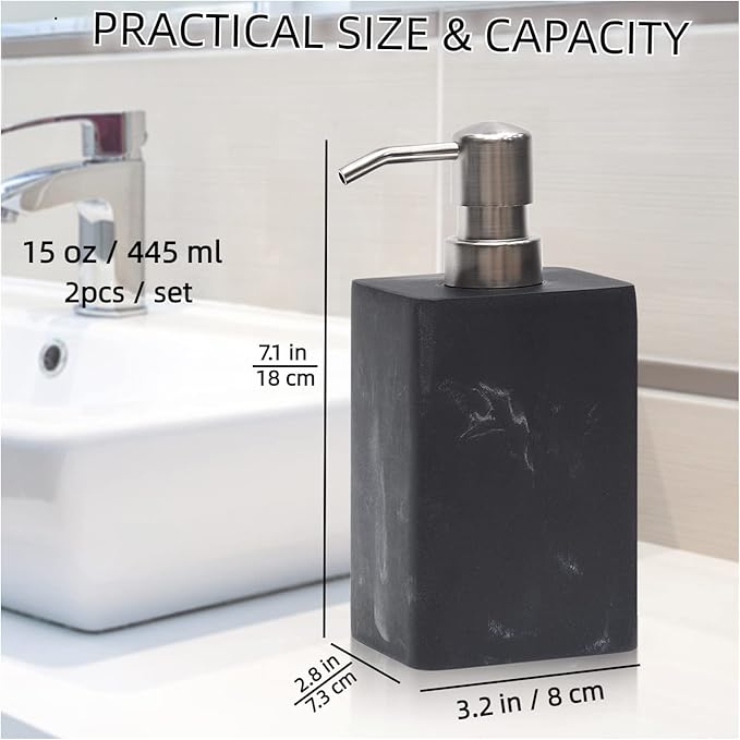 2pcs Hand Soap and Lotion Dispenser Sets for Bathroom Countertop,Black Marble Texture Resin Stone Liqiud Dish Soap Dispenser for Kitchen Sink,Refillable-15 Oz/445ml