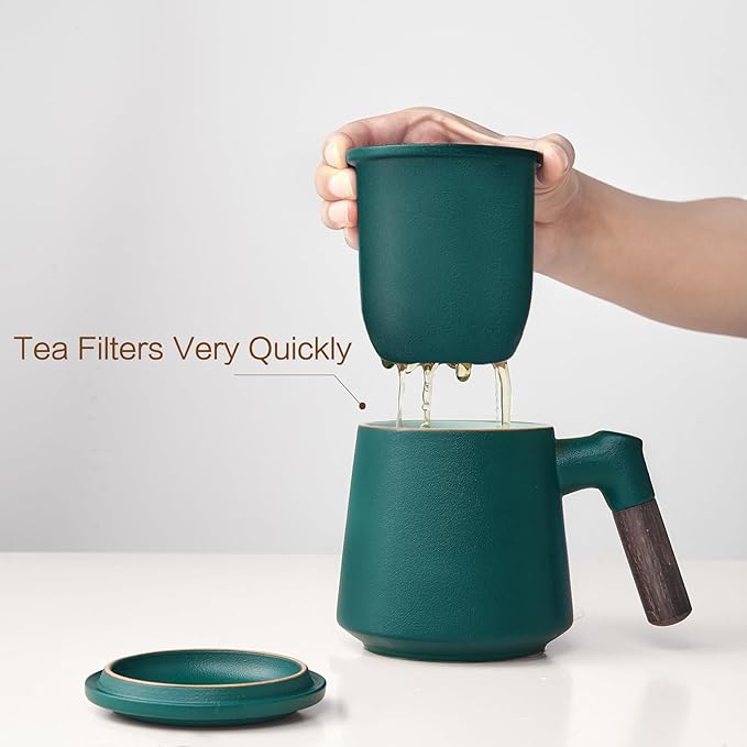 ZENS Tea Cup with Infuser and Lid, 11 oz Green Ceramic Steeper Mug for Loose Leaf Tea Lovers Gifts, Wood Handle Tea Strainers.