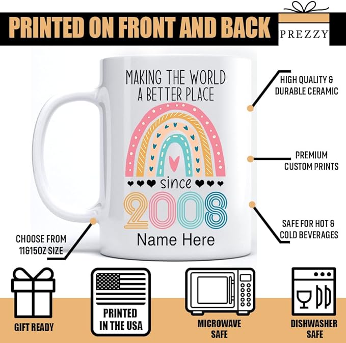 PREZZY Vintage 15th Birthday Mug Gifts for Women Men Making the World a Better Place Since 2008 Boho Rainbow Turning 15 Years Old Birthday Decorations Personalized Mugs Novelty Coffee Cup 11oz 15oz