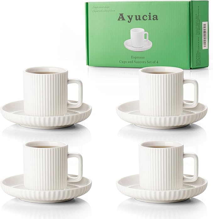2.5OZ Espresso Cups Set of 4, White Cream Ceramic Demitasse Espresso Mugs with Saucers, Small Coffee Cups for Single/Double Espresso Shots