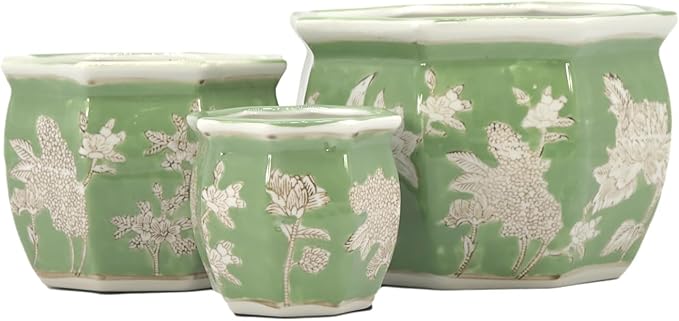 Galt International Green & White Floral Porcelain Ceramic Decorative Flower Pot 8"/6"/4.5" Garden Pots Chinese Asian Design - Set of 3 Green Fluted