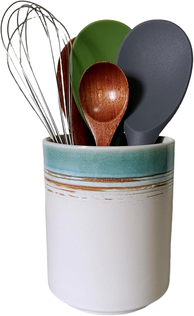 Short Kitchen Utensil Holder for Kitchen Counter, Ceramic Small Utensil Crock & Vase & Holder for Cutlery Spatula Brush Silverware Cooking Utensil Holder (Green Field)