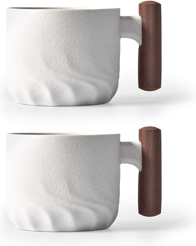 Ceramic Espresso Cups with Wooden Handle Espresso Shot Cups Ceramic Tea Cups Porcelain Demitasse Cups for Coffee or Tea, 2oz (white, 2)