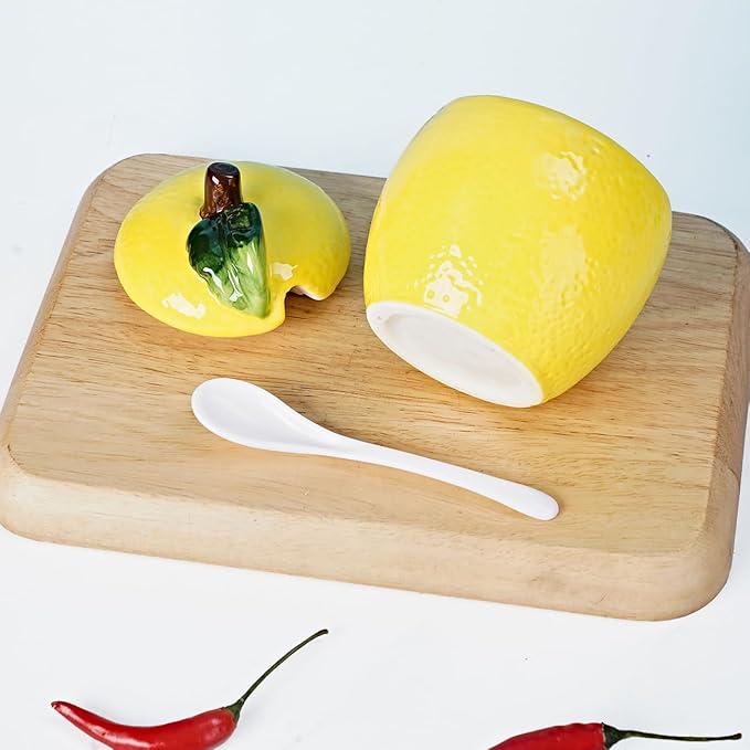 Hand-painted Ceramic Fruit Shape Sugar Bowl Spice Jar Seasoning Pot with Lid Spoon (Lemon)