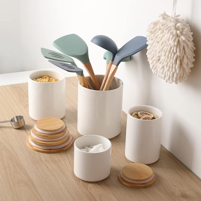 Sweejar Kitchen Canisters Ceramic Food Storage Jar Set, Stackable Containers with Airtight Seal Wooden Lid for Serving Ground Coffee, Tea, Herbs, Grains, Sugar, Salt - Set of 4 (White)