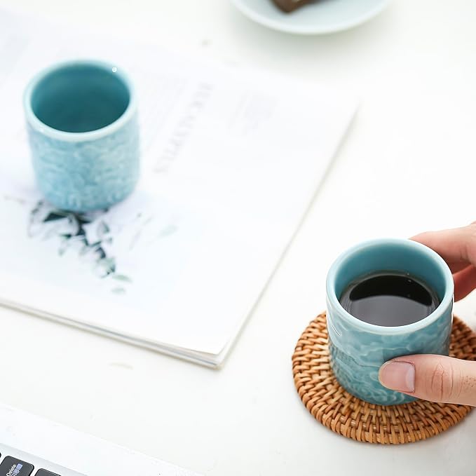 Ceramic Espresso Cups Set of 2 or 4-3oz Demitasse Cups for Coffee & Tea, No Handles, Durable & Dishwasher Safe (blue, 2)