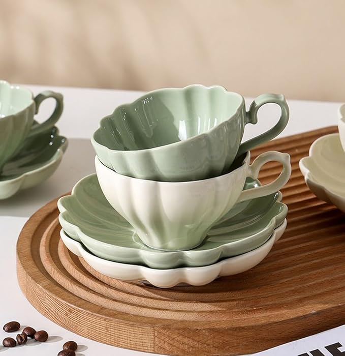 Flower Shaped Ceramic Coffee Cup Teacup with Saucer, Set of 2-White