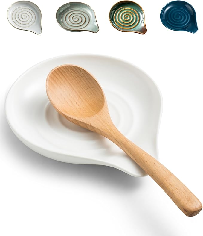 LAUCHUH Spoon Rest for Kitchen Countertop, 5 inch Ceramic Spoon Holder for Stove Top,Large Cooking Utensil Holder for Spatula, Spoons or Tongs, Framhouse Decor, White