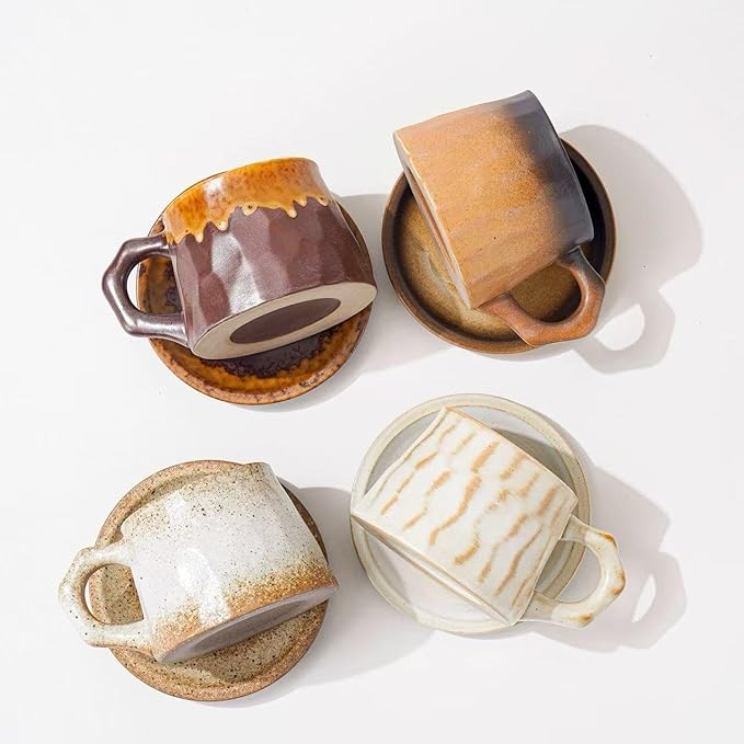 10oz Vintage Retro Handmade Ceramic Cappuccino Cup with Saucer –Small Rustic Stoneware tea cup and saucer, Lead-Free Latte Art Mug,Handmade mug with saucer set,Microwave safe (biege)