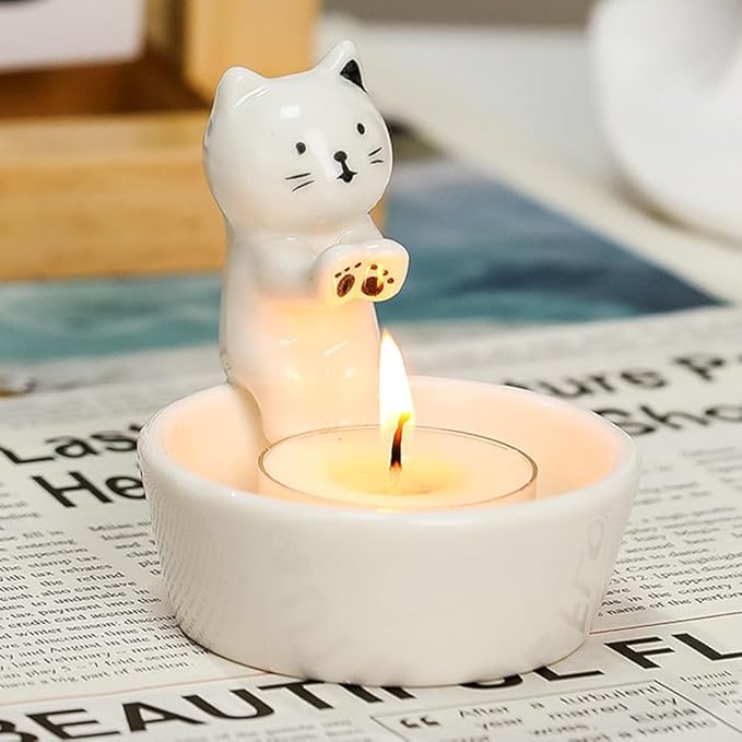 Kitten Candle Holder, Cute Cartoon Cat Candlestick Handmade Scented Candle Sticks Holder Decor Cat Lover Gifts Ca-t Home Decor Candlestick (Not Included Candles)(Color:White)