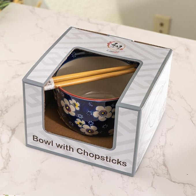 Urban Tokyo Handpainted Ceramic Glazed Japanese Ramen Udon Noodle Rice Bowl With Chopsticks 20 fl oz 5 inch Diameter Bowl Sets Color Box Packaging (Plum Blossoms)