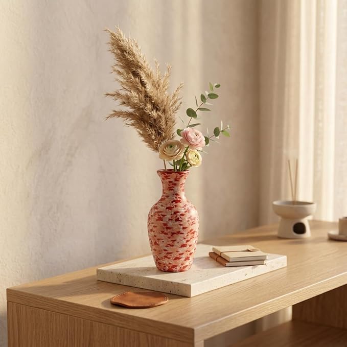 Small Terracotta Bud Vase (5.7"), Hand-Painted Red Ceramic Splatter Flower Vase for Single Stems, Rustic Clay Desk & Shelf Decor, Boho Vintage Accent Piece