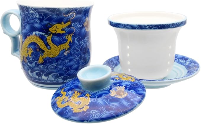 Porcelain Tea Cup with Infuser Lid and Saucer Sets - Chinese Jingdezhen Ceramics Coffee Mug Teacup Loose Leaf Tea Brewing System for Home Office