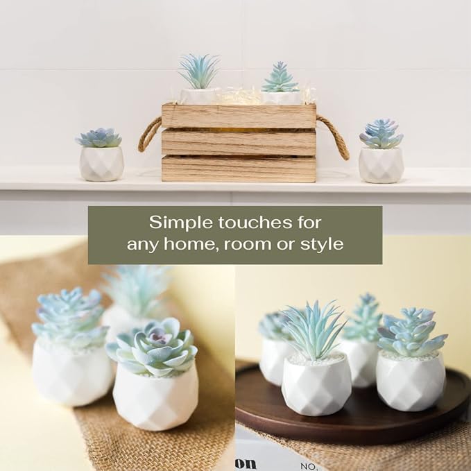 VIVERIE Mini Blue Artificial Succulent in Pots (White Ceramic, 4 Pot Set) Fake Plants for Indoors, Office Decor Blue Gift for Women, Office Home Decor Gifts, Faux Plant for Shelf/Desk/Bathroom Decor