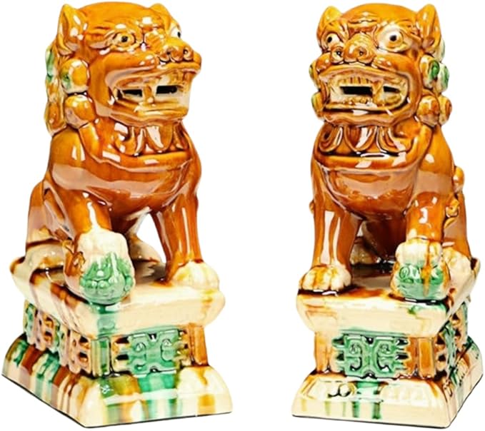 Sculpture Collectibles Ceramic Lions Pair Home Decoration Asian Art Desktop Feng Shui Ornaments Colorful