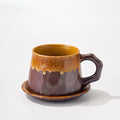 10oz Vintage Retro Handmade Ceramic Cappuccino Cup with Saucer –Small Rustic Stoneware tea cup and saucer, Lead-Free Latte Art Mug,Handmade mug with saucer set, Microwave safe, Brown