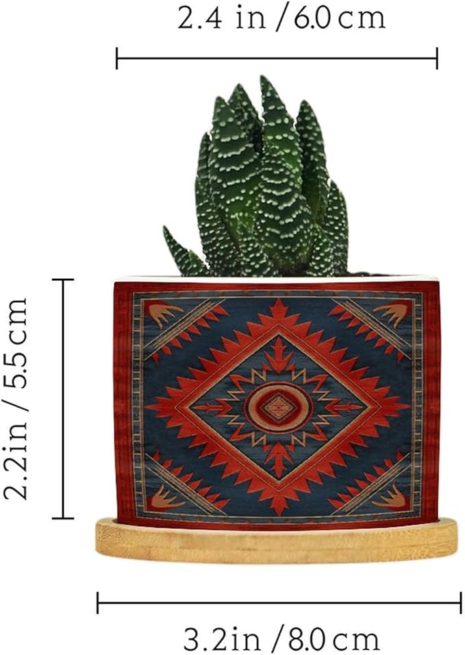 Planters Ceramic The Navajo in Red And Blue with A Blue Border Pattern Ceramic Pots with Drainage Holes Round Flowerpot Bamboo Tray Plant Pots for Succuelnt And Little Snake Plants Pots for Nana