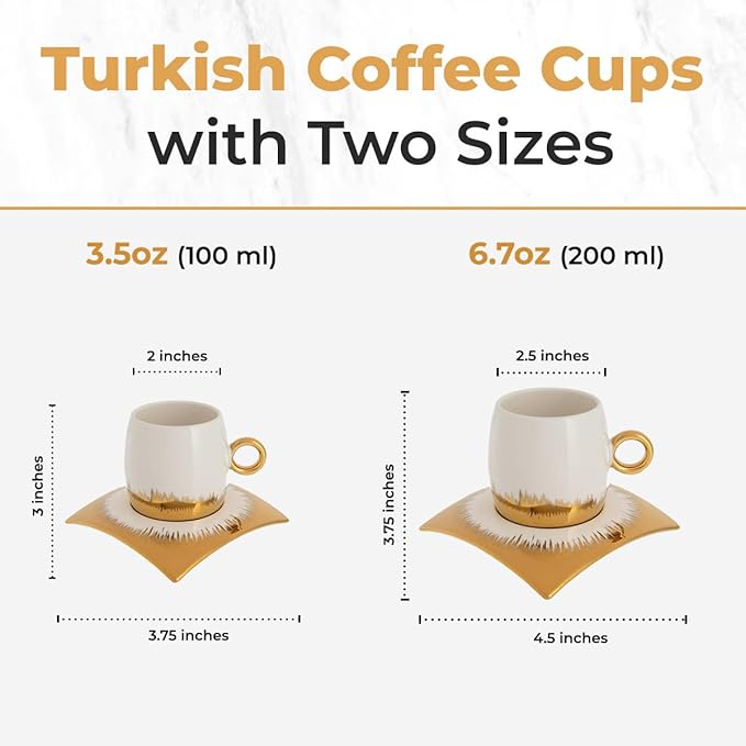 Turkish Coffee Cup Set of 6 with Saucers & Tray - Luxury Arabic Greek Japanese Marble Ceramic Tea Cups for Espresso Cappuccino Latte Mocha, Ideal Gift - 6.7oz,- Assorted Colors