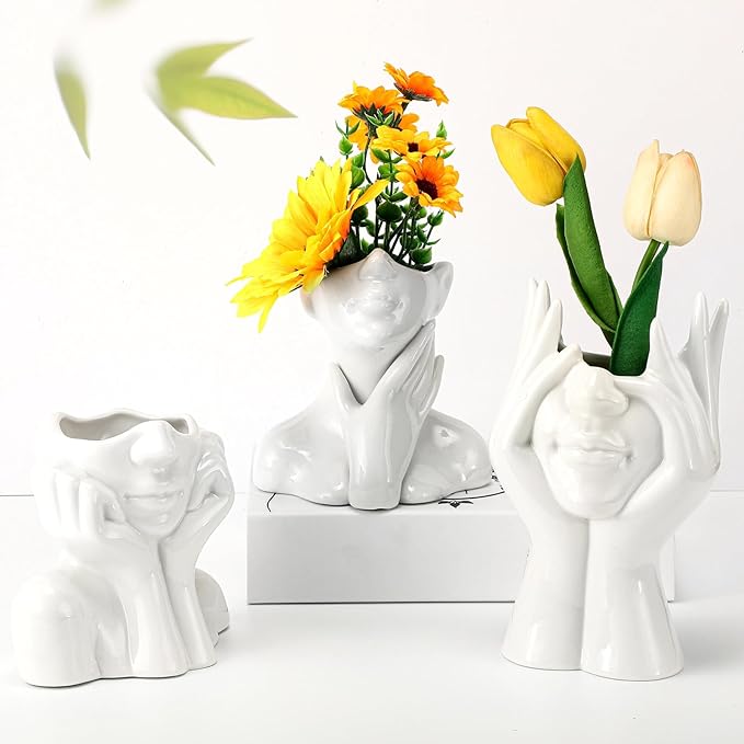 Sieral 3 Pcs Ceramic Face Vase Female Form Flower Modern Body Vase for Decor with Head Half Body Bust Centerpiece for Table Shelf Home Bedroom Room Office(Large,White)